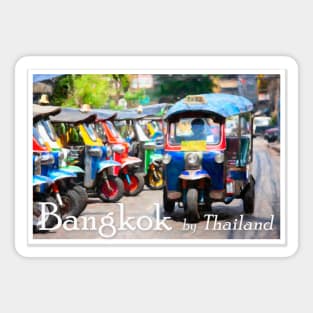 'Bangkok by Thailand' text over an illustration of colorful Thai Tuk-Tuks. Sticker